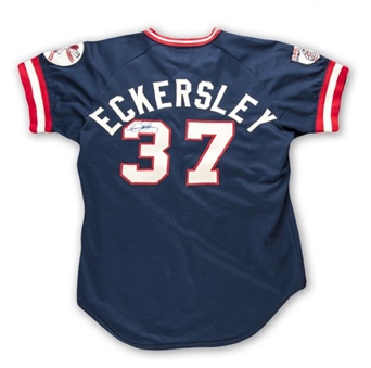 1976 Dennis Eckersley Cleveland Indians Game Worn and Signed Navy Jersey (MEARS A-10)